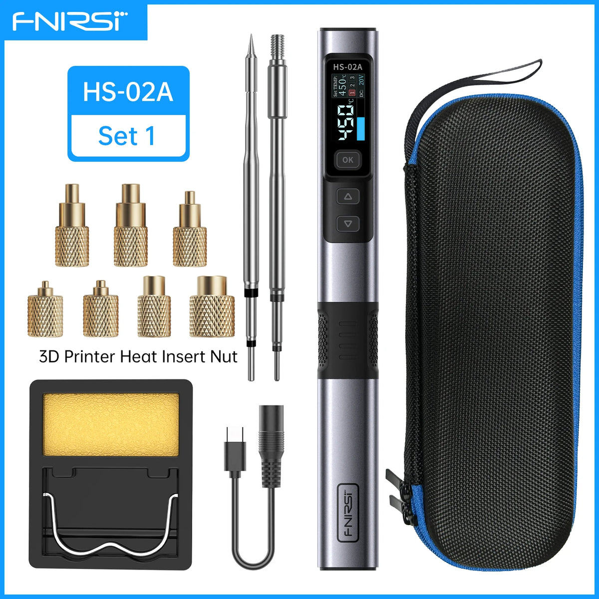 FNIRSI HS-02A Soldering Iron with Heat Insert Nut Tool Kit M2-M8 Embedded Internal Thread Nut and C245 Iron Tip for 3D Printer