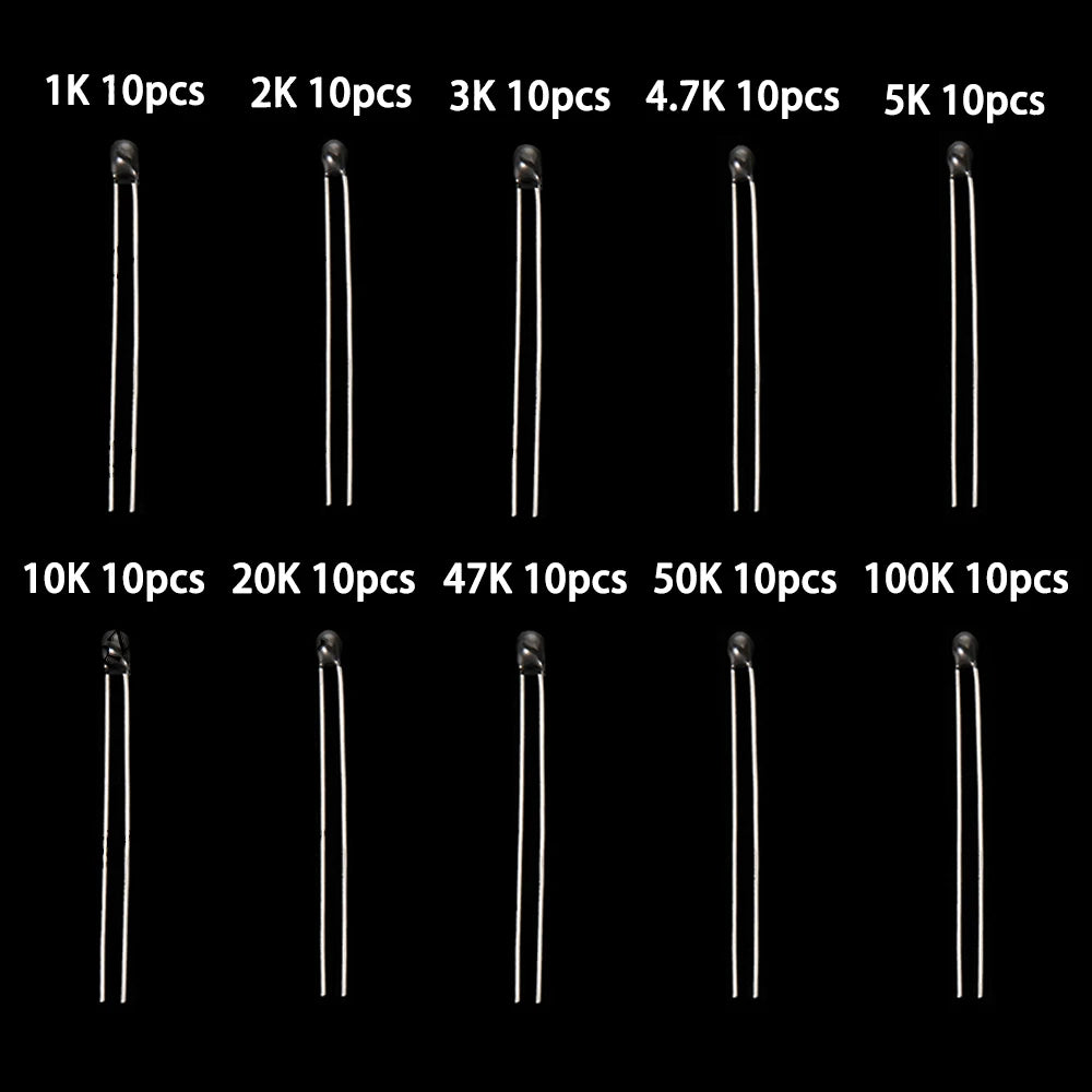 100PCS 10Values*10PCS 50K 100K NTC Thermistor Thermal Resistor Kit MF52 NTC-MF52AT 1K 2K 3K 4.7K 5K 10K 20K 47K 5% 3950B