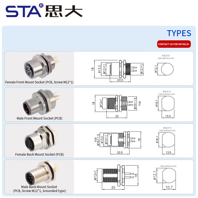 M12 Sensor Waterproof Circular Connector Panel Mount Bulkhead Installation Metal Male Female PCB Socket 2 3 4 5 6 8 12 17pin