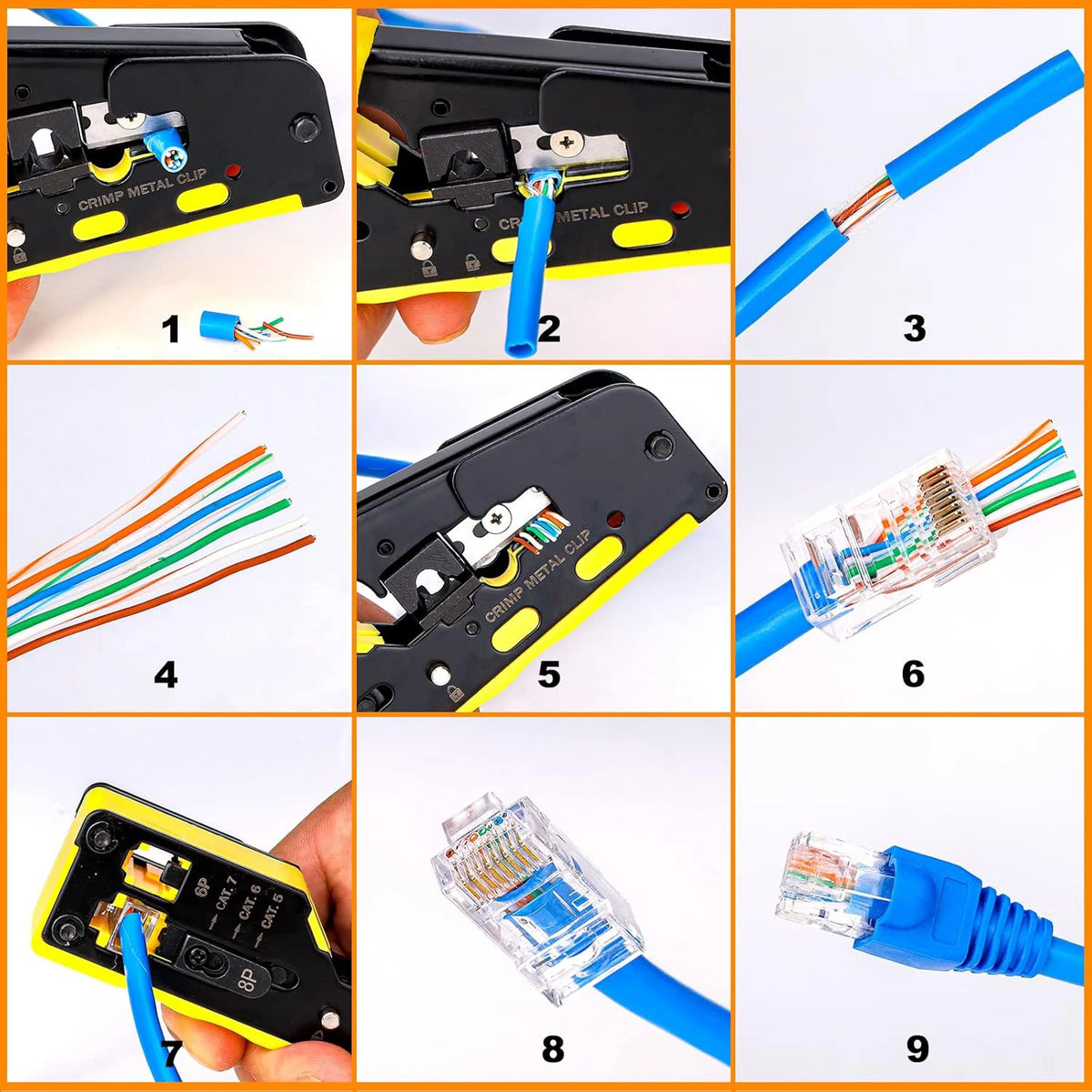 RJ45 Pass Through Crimp Tool, RJ45 Cat5 Cat6 Cat7 Crimping Tool, RJ11 Crimping Tool, Ethernet Network Cable Crimper Stripper