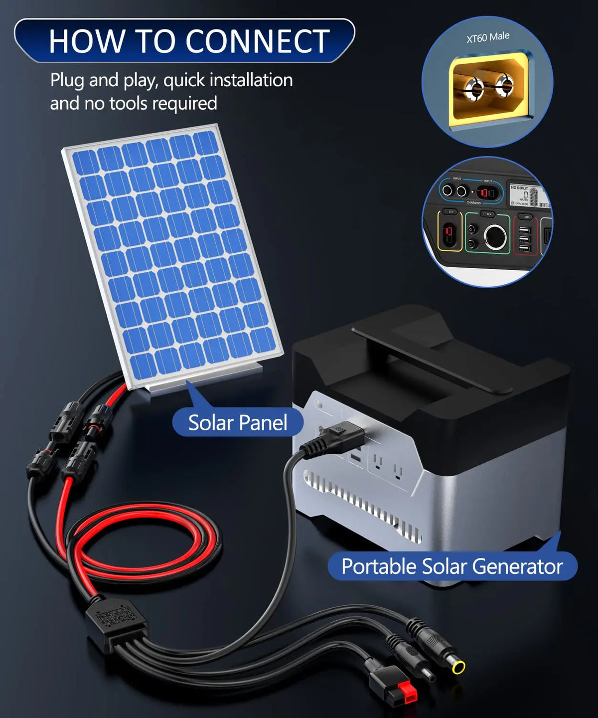 39/70 inch 4-in-1 Solar Panel Connector Extension Cable Splitter Compatible with Anderson Connector DC  Adapter Power Plug XT60