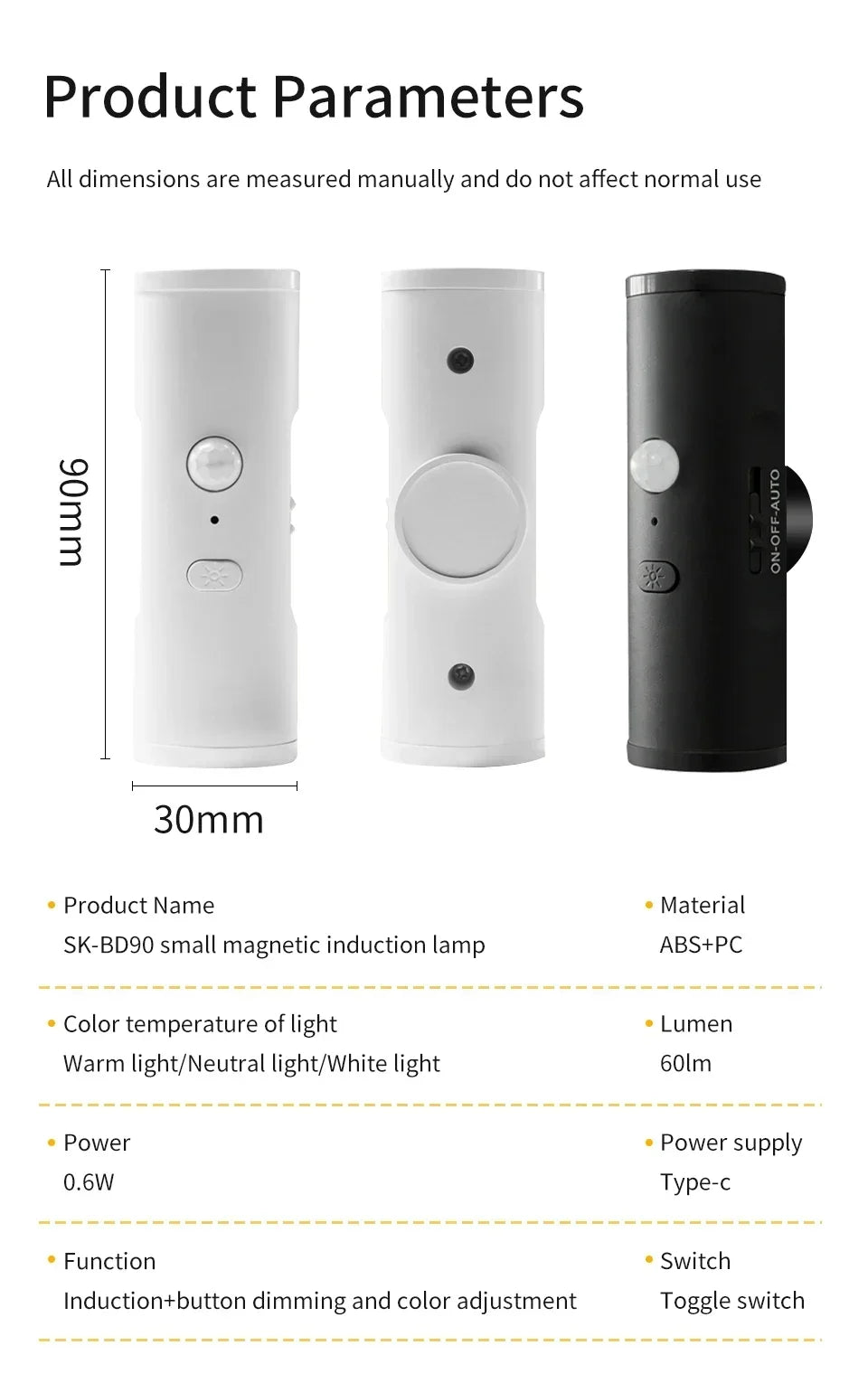 Magnetic Rechargeable PIR Motion Sensor LED Night Light, 3 Colors Dimmable Wireless Wall Lamp for Bedroom Hallway Closet