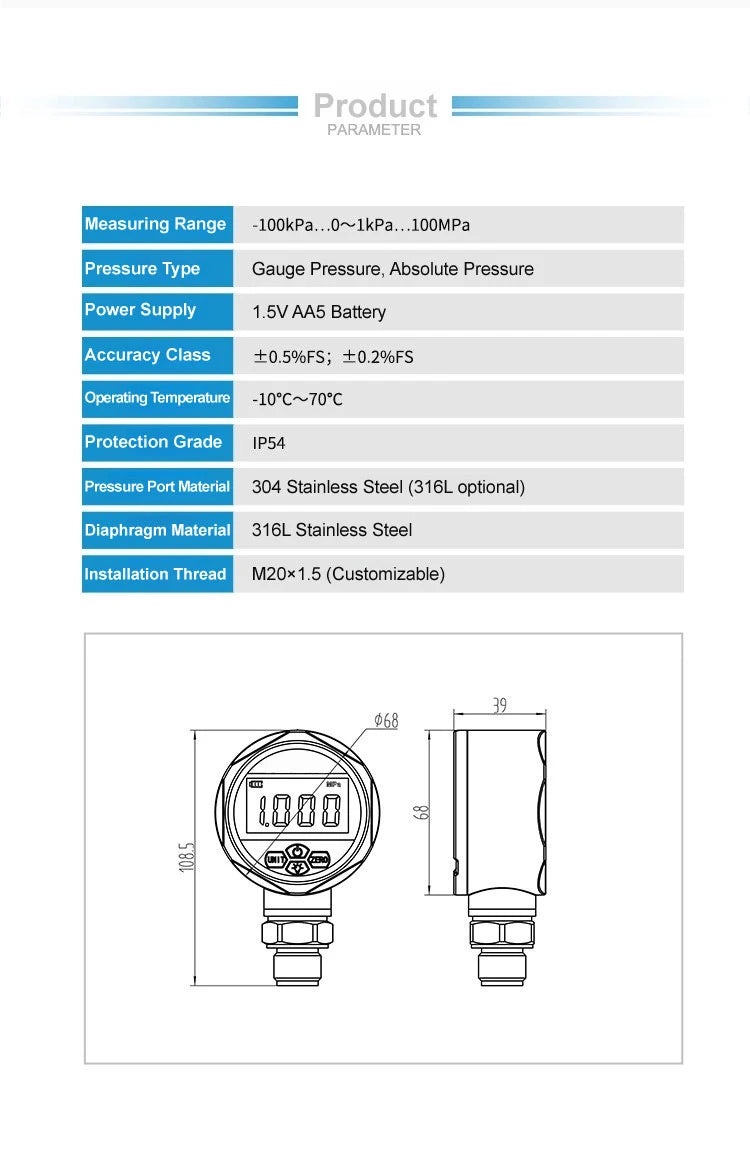 YB60A Precision Digital Pressure Gauge Battery Powered Vacuum Positive Negative Pressure Meter M20 Peak Memory -100kPa-100MPa