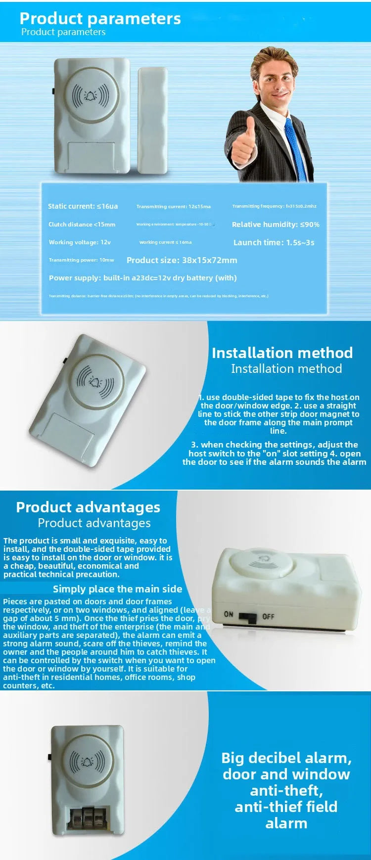 Door Window Alarm 120dB Loud Magnetic Sensor  Home Office Security Easy Install Anti Theft Alert  Drawers  Cabinets