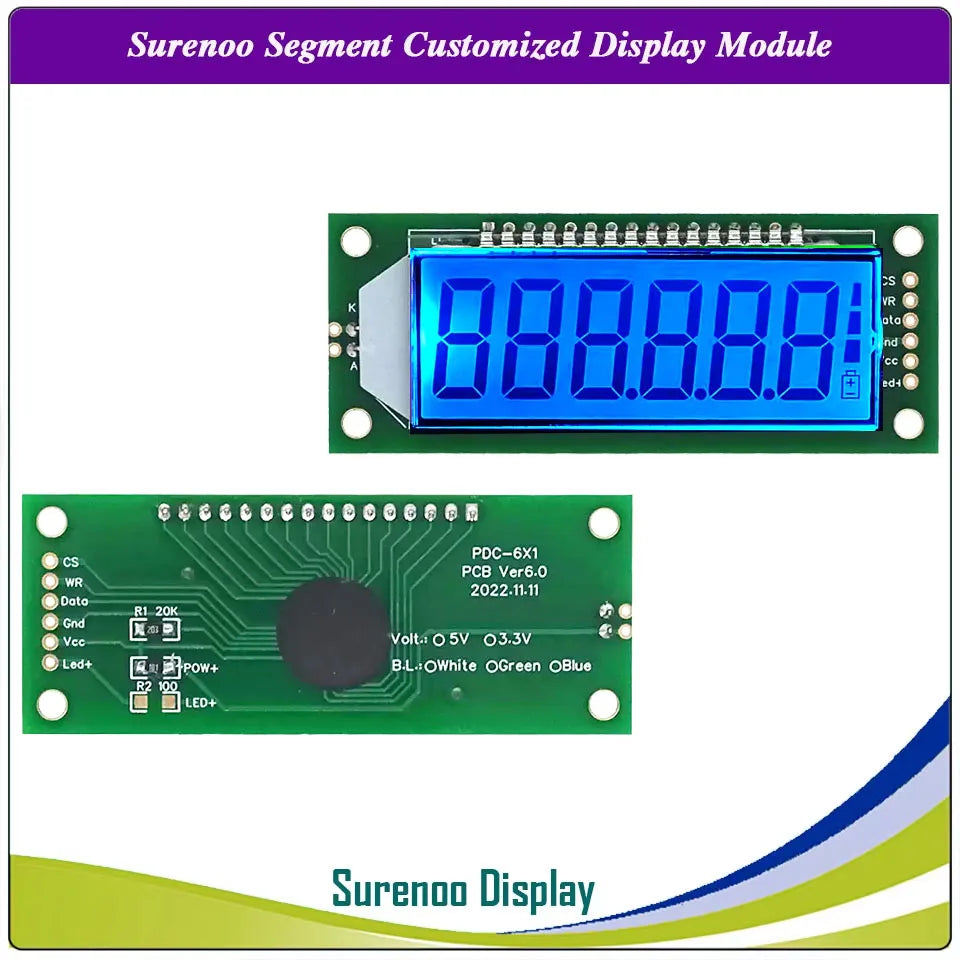 Surenoo 6-Digit "8 8 8.8.8.8" 7 Segment Digital 5V  LCD Module Display Screen Panel build-in HT1621 Controller w/ Backlight