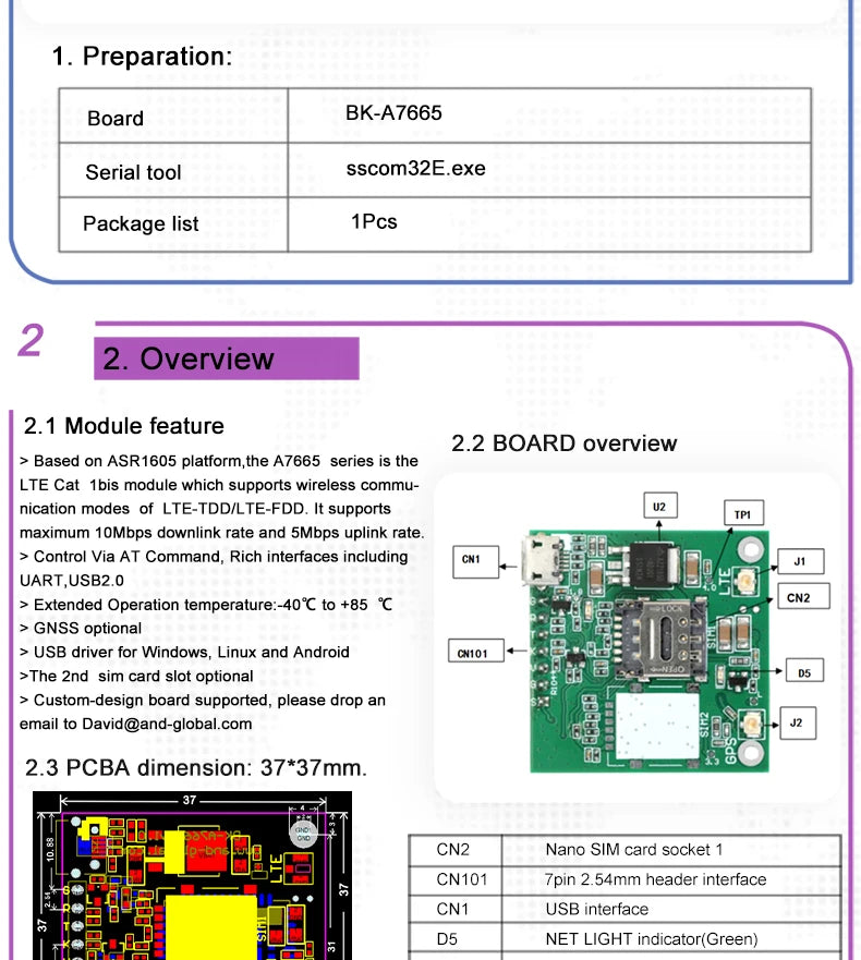 SIMCOM A7665E LTE CAT1 Breakout Board 4G GSM Cellular Module with SIM Slot Development Board for Vehicle GPS Tracker