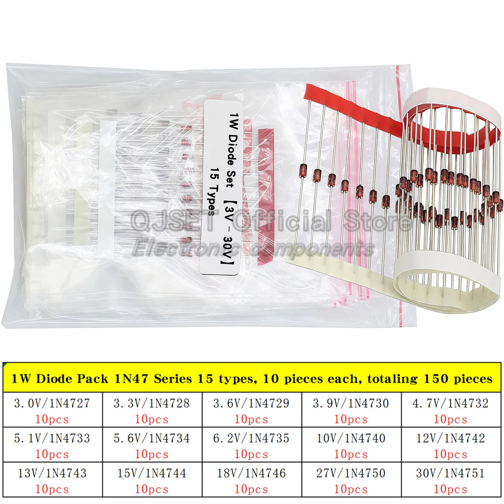 100/140/150pcs DIP Diode Set 1W 3V 3.3v 3.6v 3.9 4.3V-30V Zener Diode Pack IN5408 1N4007 1N4148 1N5819 FR107 IN5399 FR207 IN5822