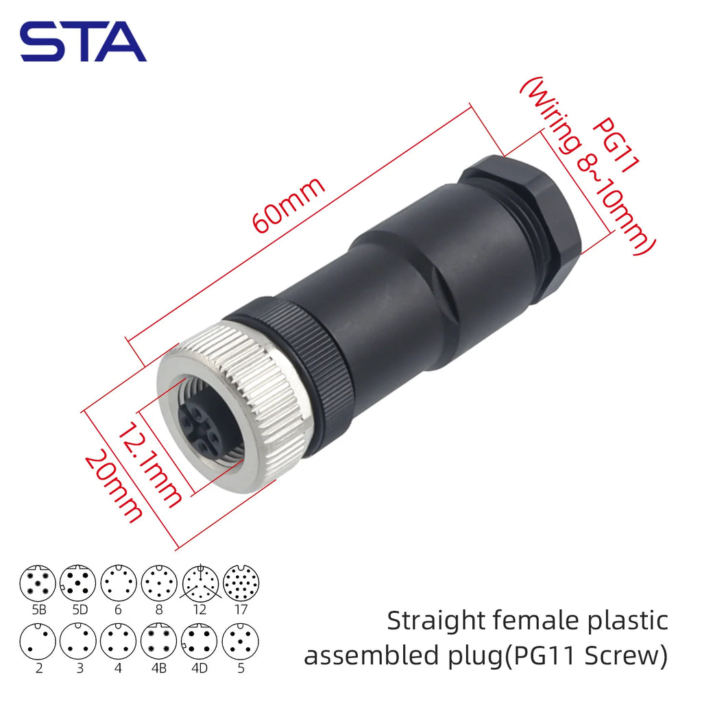 M12 Screw Termination Plastic Field Plug NMEA2000 5 Pin Straight Angled IP67 Waterproof 3 4 6 8 Poles Sensor Connectors PG7 PG9