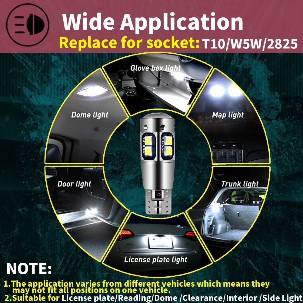 2x W5W T10 LED CANBUS No Error 5W5 12V 10W 950Lm Super Bright Car Interior Side Light 194 3030 SMD Auto Bulb White Amber Red
