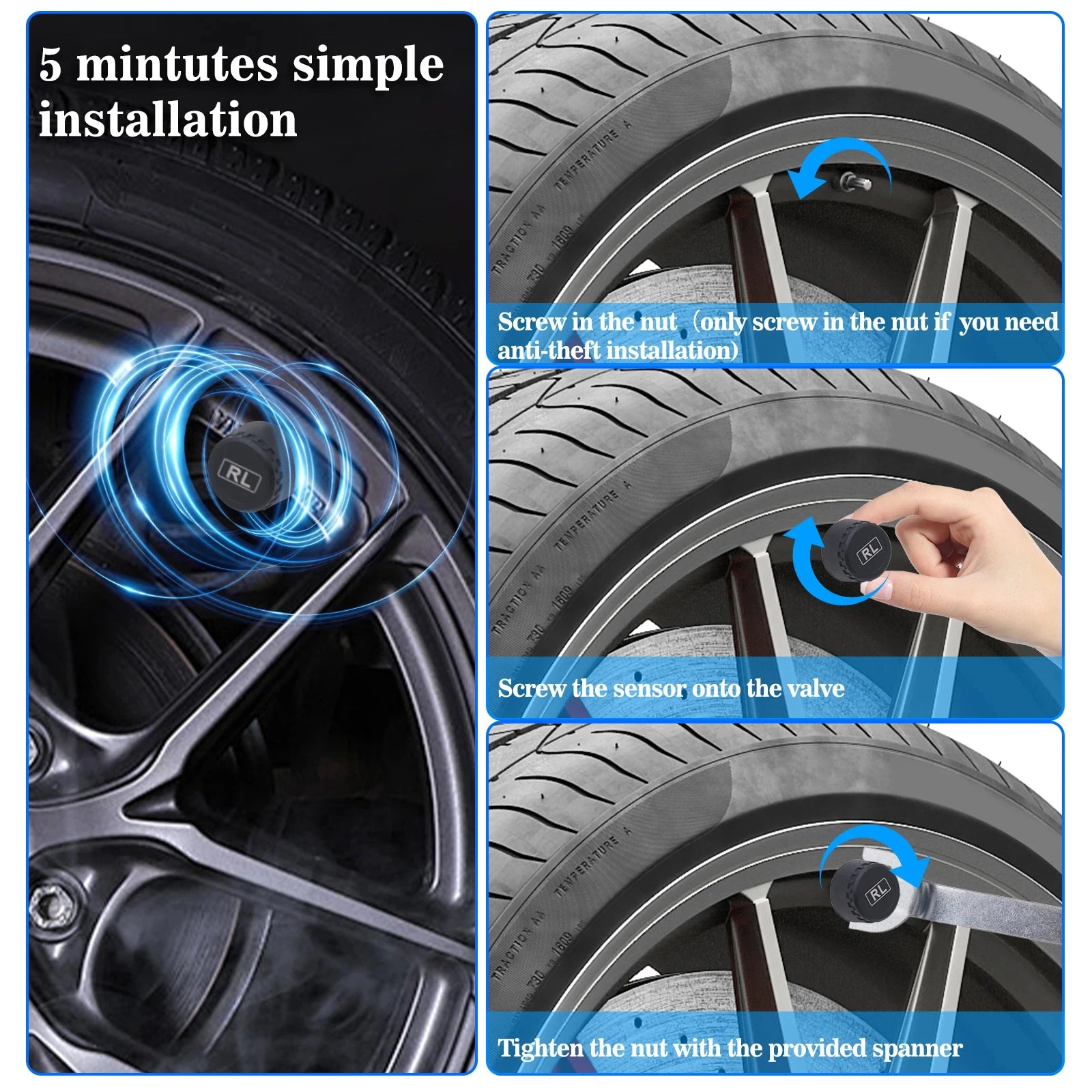 TPMS Tire Pressure Monitoring System Car Safety Alarm System Wireless Solar&USB Powered 4 Sensors with Color Digital Display