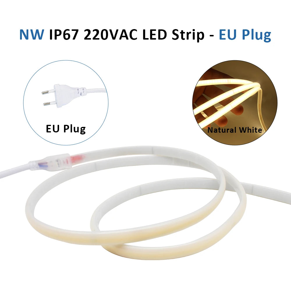 AC220V COB LED Strip Light IP67 Waterproof Flexible Ribbon 2Pin Wire/EU Plug Tape Lamp 3000K/4000K/6000K Outdoor Linear Lighting