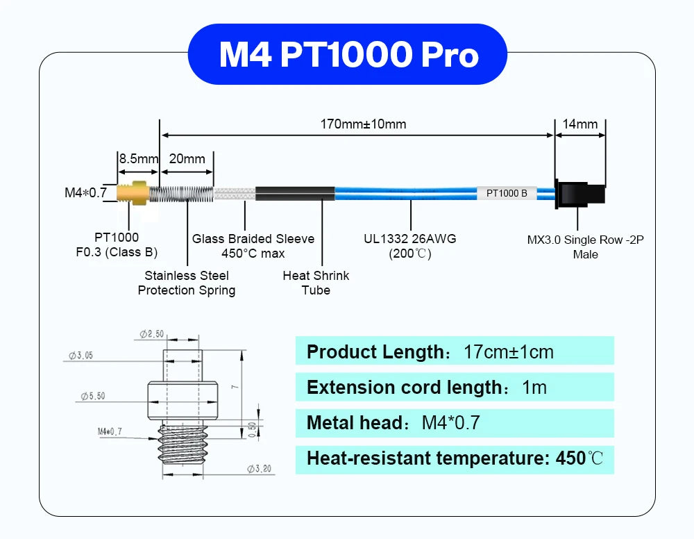 BLV® PT1000 Thermistor M3 M4 Bear 3x15mm PT1000 Pro High Temperature Resistance 450℃ For Rapido Hotend Dragon Hotend
