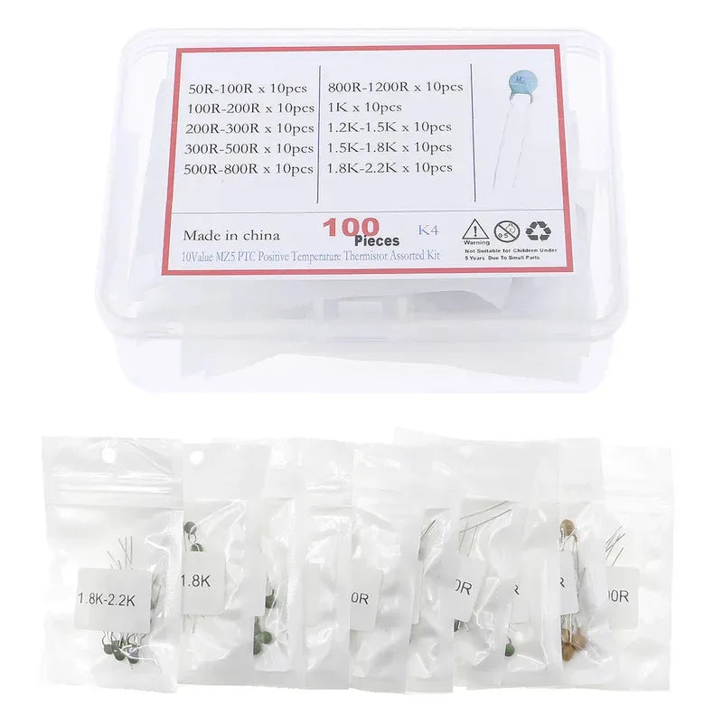100Pcs 10Value 5% MZ5 PTC 50R - 2.2K Positive Temperature Thermistor Resistor Assorted kit