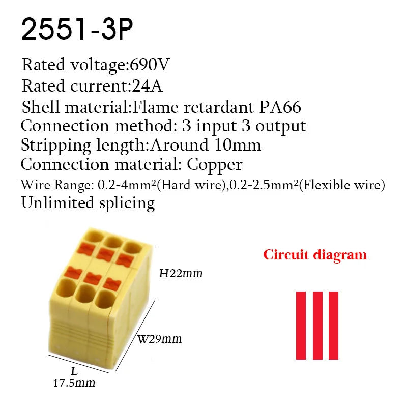 Electrical Cable Wire Connectors Push-in Terminal Block Universal Compact Wiring Multiple In Out Spliceable Mount On Din Rail