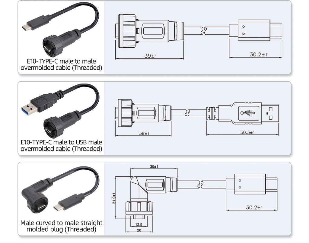Type-C 3.1/USB A IP68 Waterproof Circular Connector Male to Female Aviation Plug 20Gbit/s PD60W Outdoor Fast Data Charging Cable