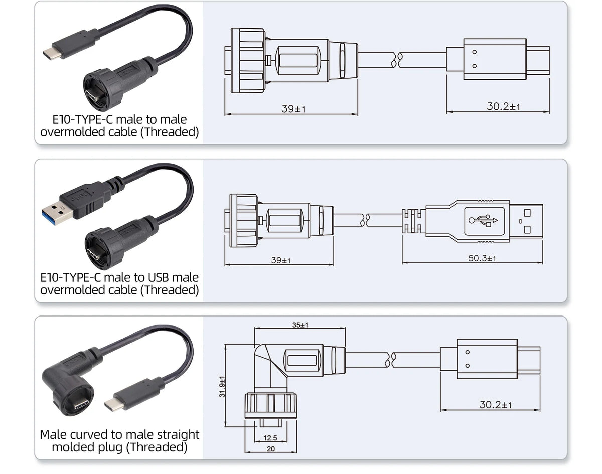 Type-C 3.1/USB A IP68 Waterproof Circular Connector Male to Female Aviation Plug 20Gbit/s PD60W Outdoor Fast Data Charging Cable