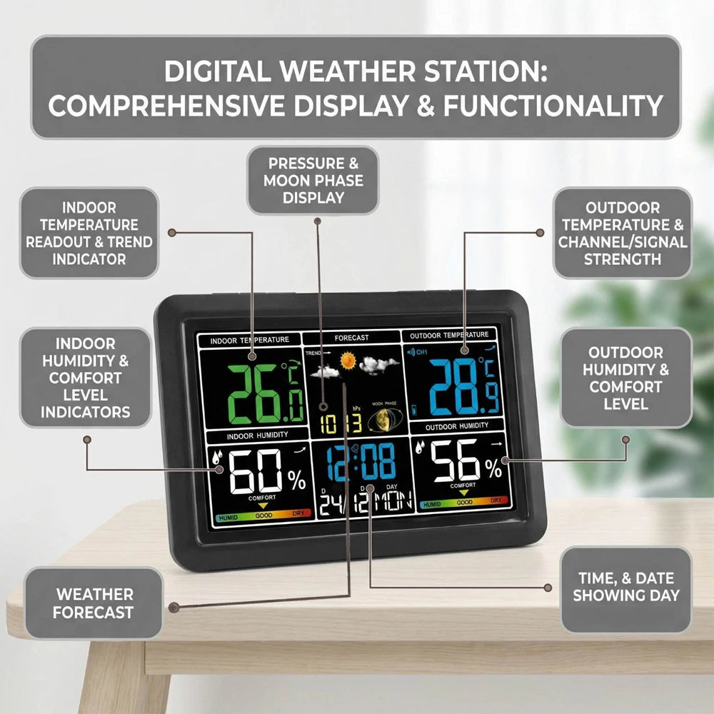 7.5 Inch Color Display Weather Clock with Indoor Outdoor Thermometer Hygrometer, Barometric Pressure , Alarm for Home Office