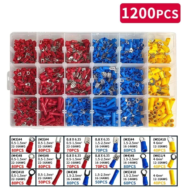 280/480/720/1200/1500pcs Quick Connect Terminal Kit - Cold Pressed Fork/Ring/Spade Lugs for Low Voltage DC Wiring Systems