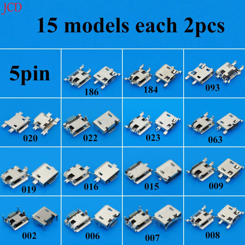 Universal Dropship 15Model Micro USB 5Pin Jack Connector V8 Port Horn Charging Socket for Lenovo Huawei ZTE HTC Etc.