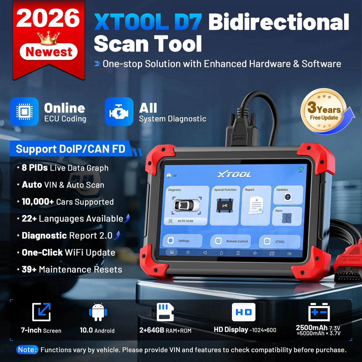 XTOOL D7 V2.0 Automotive Diagnostic Tool All System Scan Tools ECU Coding Bidirectional OBD2 Scanner 36+ Service FCA CAN FD DOIP