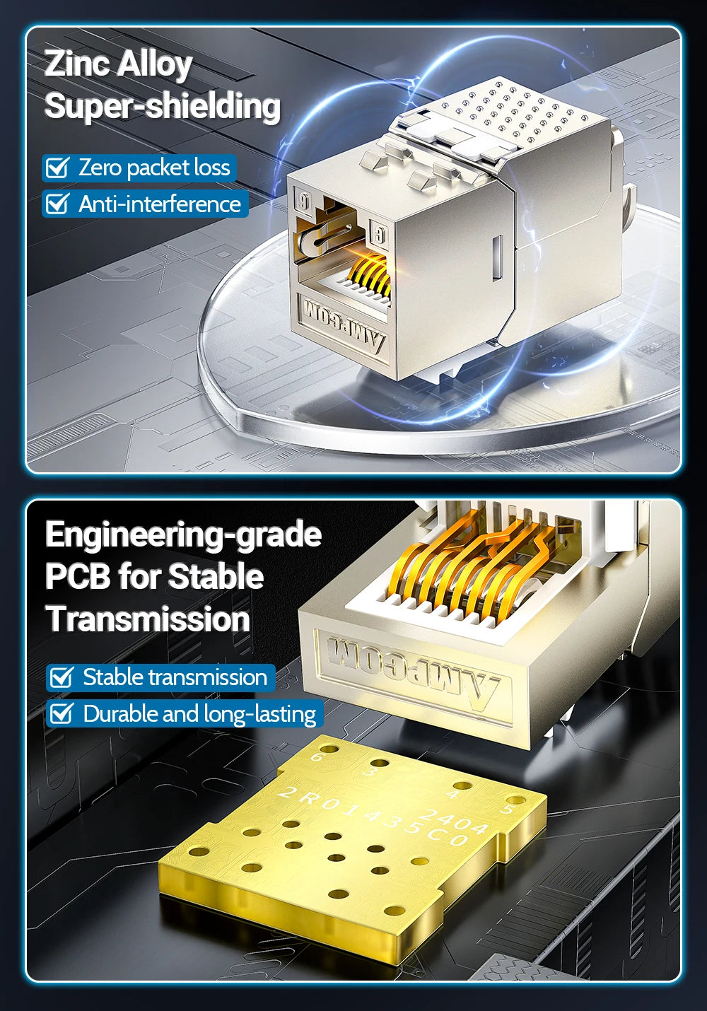 AMPCOM Pro+ Cat7/6A/6 Shielded Keystone Jack Zinc Alloy Toolless RJ45 Connector with 50u Gold Plated Pins for High-Speed Network