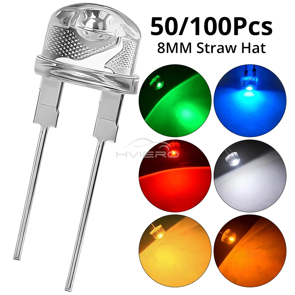50/500PCS 8mm Straw Hat 0.5W White Warm Red Yellow Blue Green Emitting Diode LED Wide Angle Ultra Bright Bulbs Light Lamp Diodes
