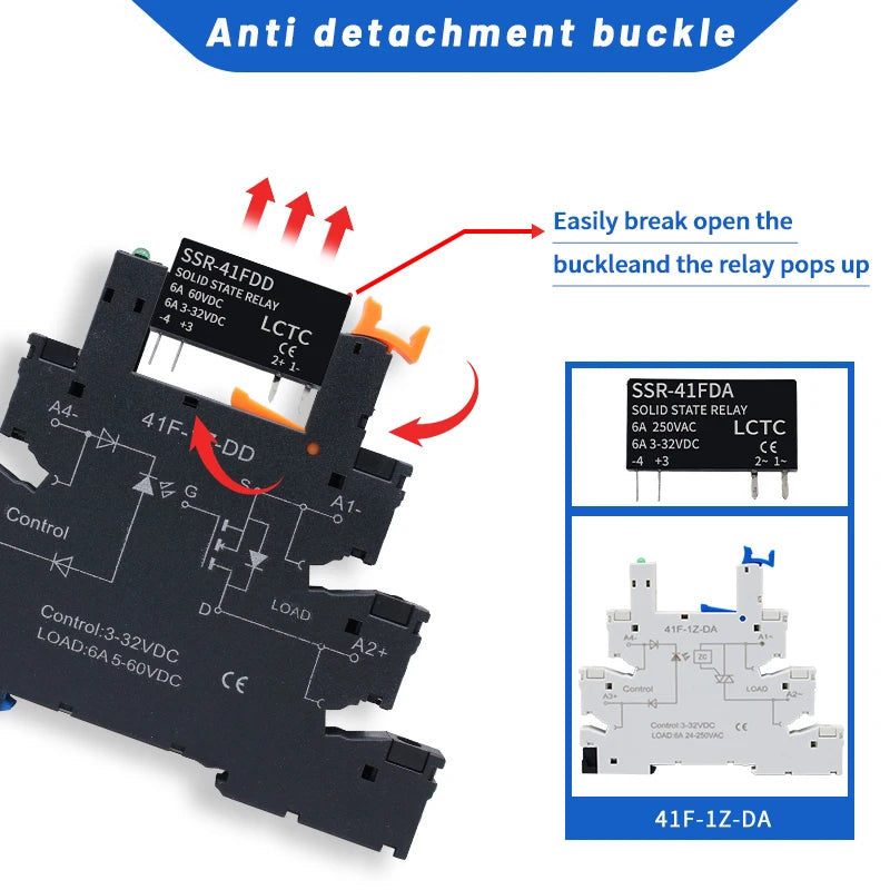 1PCS DIN Rail Mounted Slim Relay SSR Solid State Relay DC Control AC DC Control DC SSR-41FDA/DD 6A 3-32VDC 24-250VAC