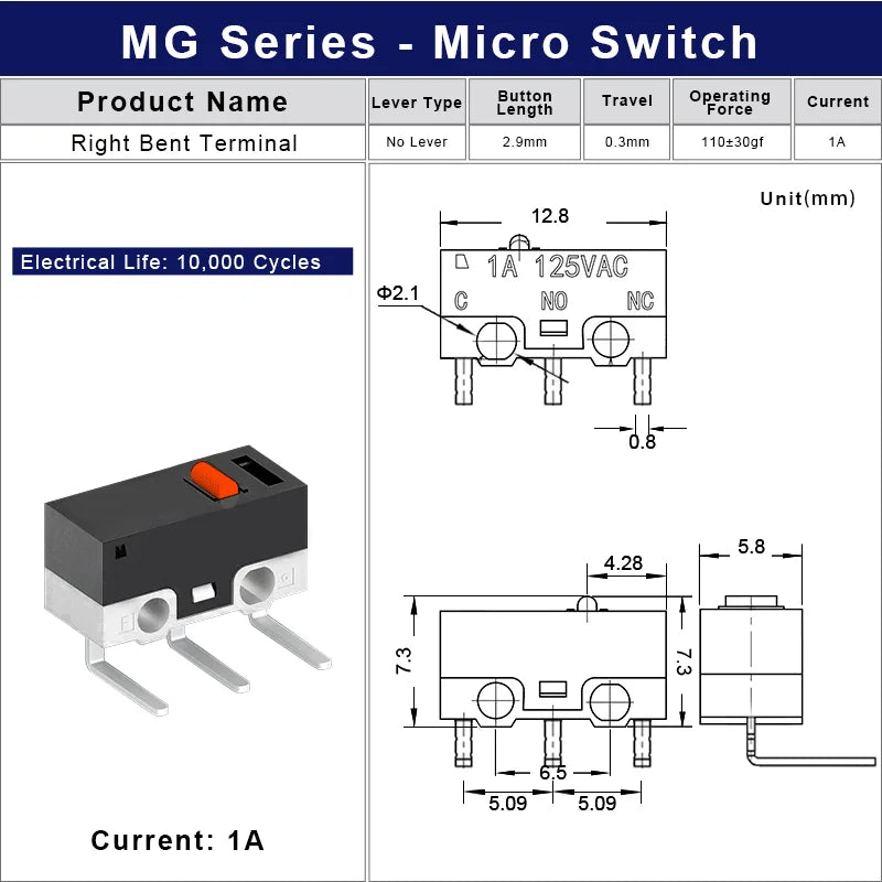 Mini Micro Limit Switch C NO NC 3 Pins PCB Terminals SPDT 1A 125V Roller Arc Lever Snap Action Push Micro Mouse Switches