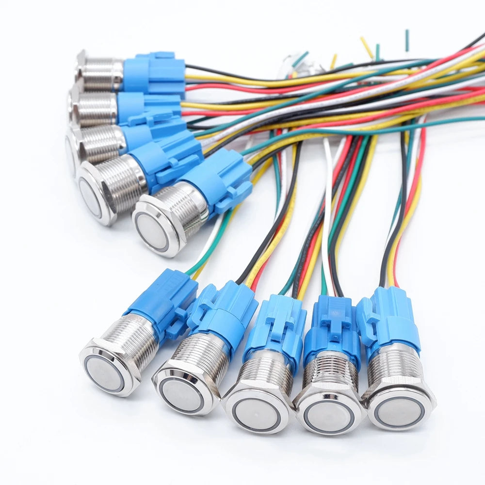10PCS 16mm 19mm Metal Power Switch Button Flat Round LED Lamp Light Waterproof Latching /Self-reset Button Car Start Switch 12V