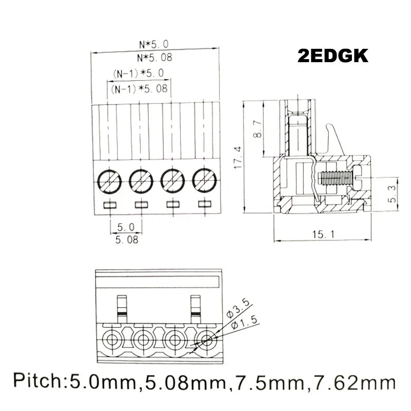 Pitch 5.08mm 2/3/4P Screw Plug-in PCB Terminal Block 2EDGK 2EDGRC Close Corner Male/Female Pluggable Connector 5/10Pcs