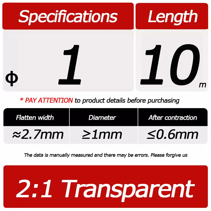 10 Meter/Lot Heat Shrink Tube 2:1 Clear Transparent Tubing Shrinkable Wrap 1mm - 60mm Cable Sleeve Wire