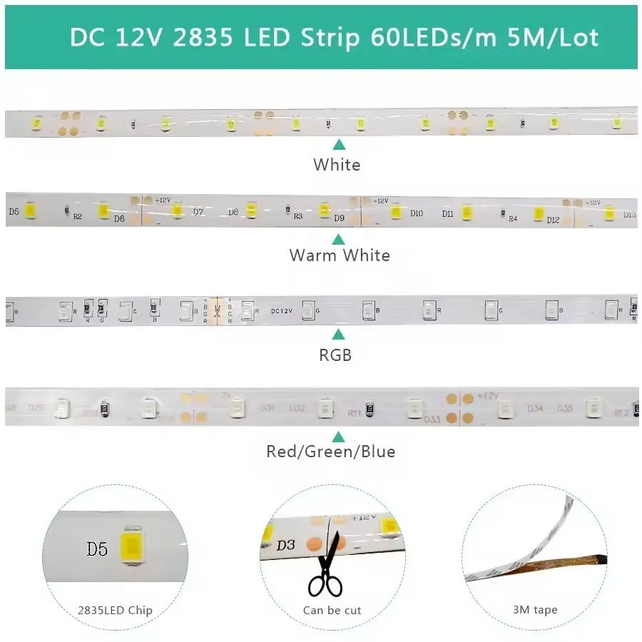 Led Strip Light 2835 5050 None Waterproof Ip65/Ip20 12V 5 Meters Warm White Red Green Blue Rgbw Rgbww Yellow Tape Ribbon Lamp