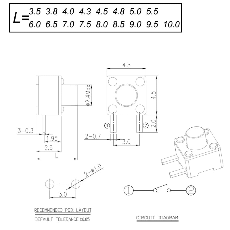 50PCS 4.5X4.5MM 4Pin DIP H=3.5/3.8/4.0/4.3~12mm 12V Tiny Button Tact Switch 260GF Momentary Tactical Push Button Parts Repair