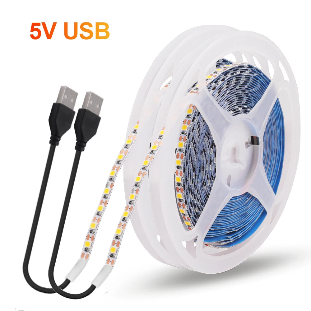 5V 2835 LED Strip Light 3mm 5mm 8mm PCB Width 120Leds/m Flexible LED Tape Ribbon Diode USB/2PIN Wire Led Lights for Room Decor