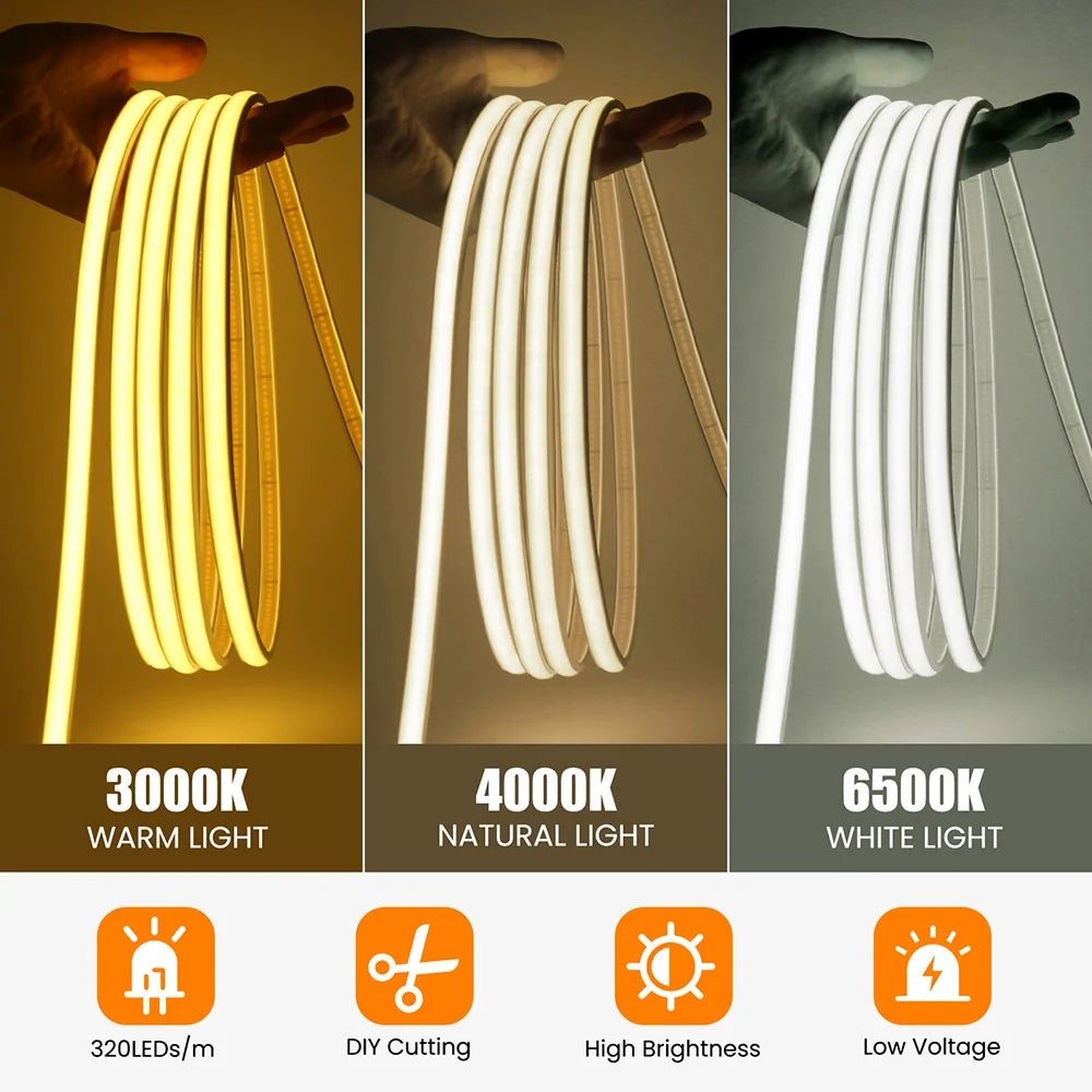 12V 24V COB LED Neon Strip Light Waterproof Ribbon Tape 2Pin Wire Warm Natural White 320LEDs/M Flexible Home Decor 0.5m 1m 2m 5m