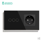 BSEED EU Standard 1/2/3Gang 2Way Wall Touch Switch Light Sensor Switches Wall Socket USB Type-C Crystal Glass Panel 240V Black