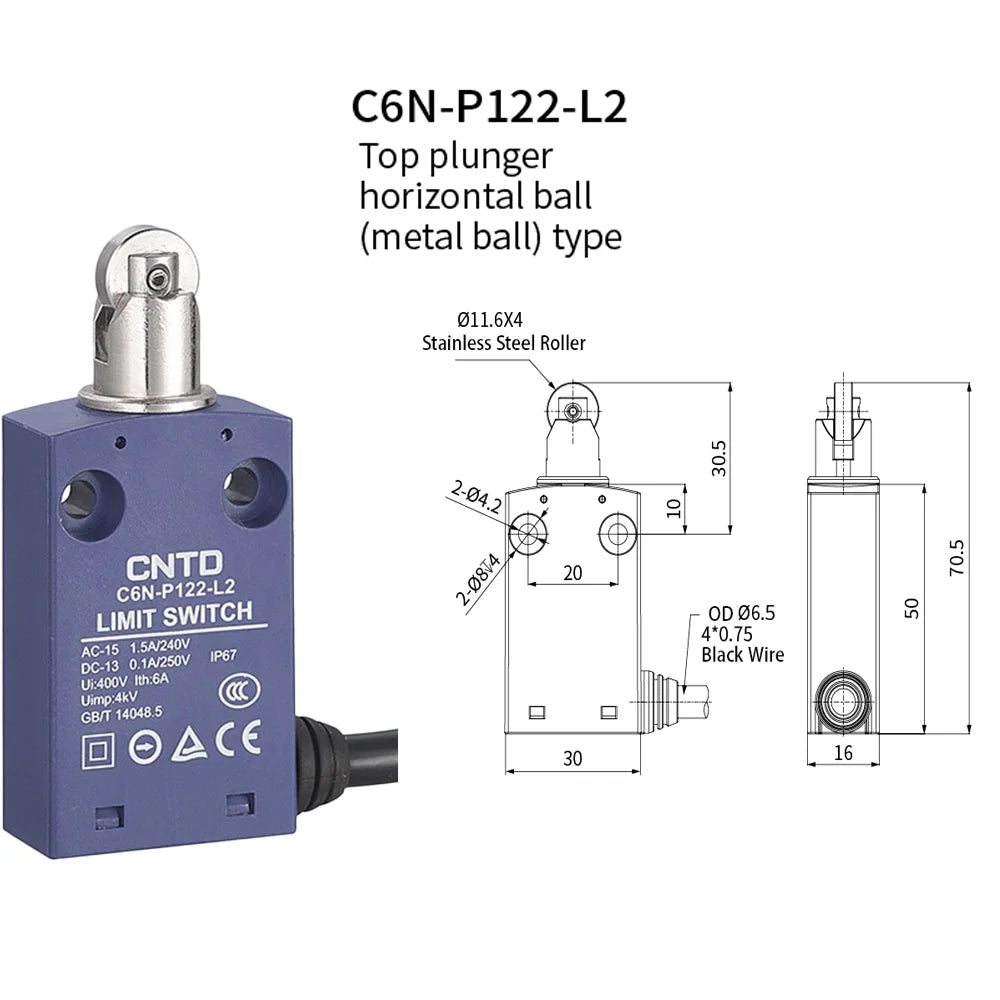 CNTD Micro Limit Switch C6N Series C6N‑101 C6N‑102 C6N‑111 C6N‑121 1NO1NC 10A 250V IP67 Waterproof For Automated Machinery