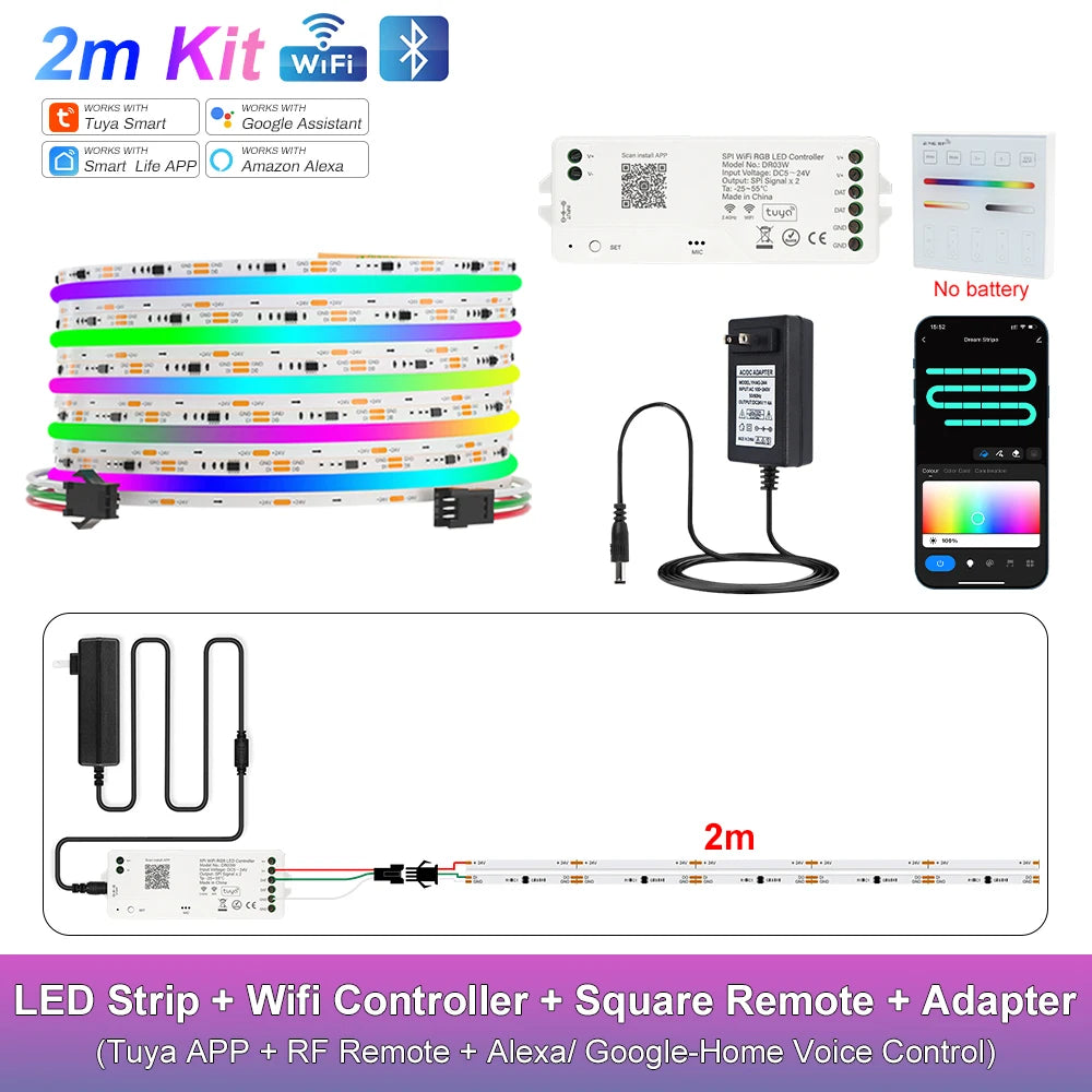 RGB-IC COB LED Strip with Tuya Wifi Controller 2.4G Remote Alexa Google Home Rainbow Color Addressable LED Tape 10m 20m 25m Kit