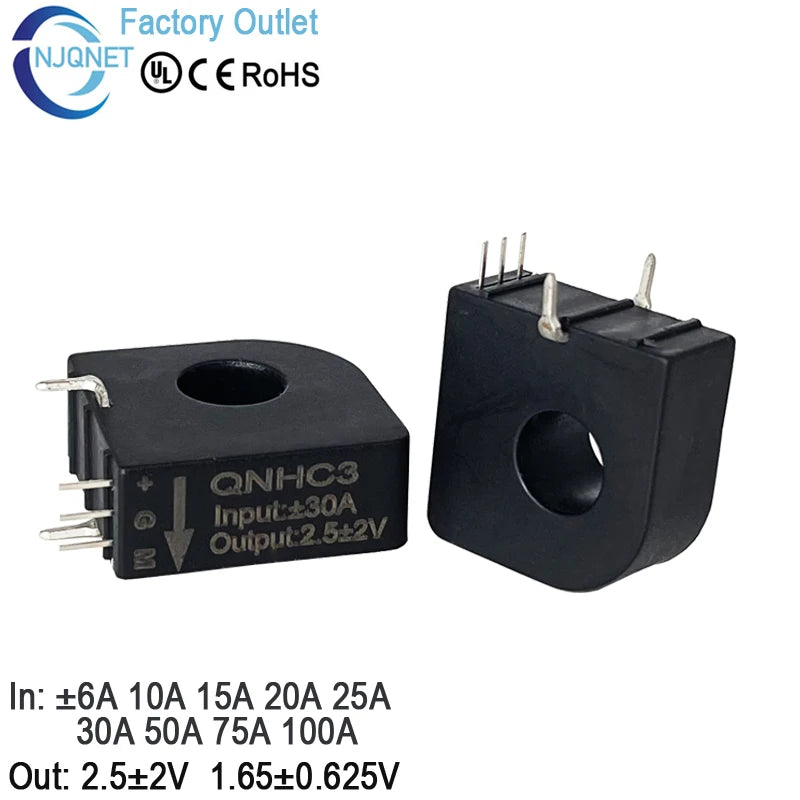 Hall Effect Current Transducer 1.65V 0.625V QNHC3 10A 15A 20A 30A 50A 100A DC Current Sensor 2.5V 2V Transformer PCB Mount CT