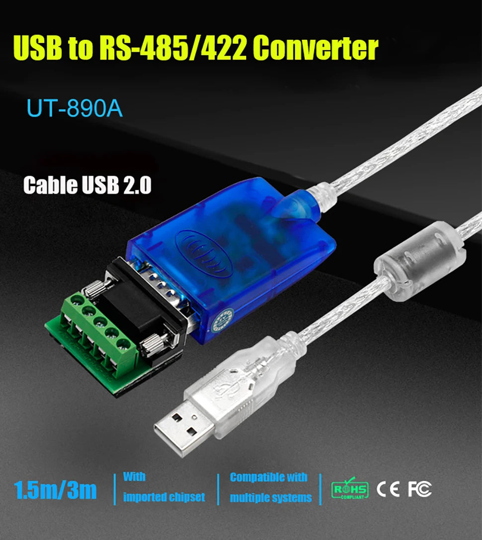 UOTEK 1.5m 3m USB to RS-422 RS-485 Converter RS422 RS485 USB2.0 Cable DB9 Adapter Transparent with Chipset Magnetic Ring UT-890A