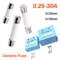 0.25A 0.5A 1A 1.5A 2A 2.5A 3A 3.15A 4A 5A 6A 6.3A 8A 10A 15A 16A 20A 30A 5*20/6*30MM Fast Blow Ceramic Fuse 250V