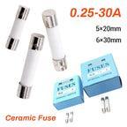 0.25A 0.5A 1A 1.5A 2A 2.5A 3A 3.15A 4A 5A 6A 6.3A 8A 10A 15A 16A 20A 30A 5*20/6*30MM Fast Blow Ceramic Fuse 250V