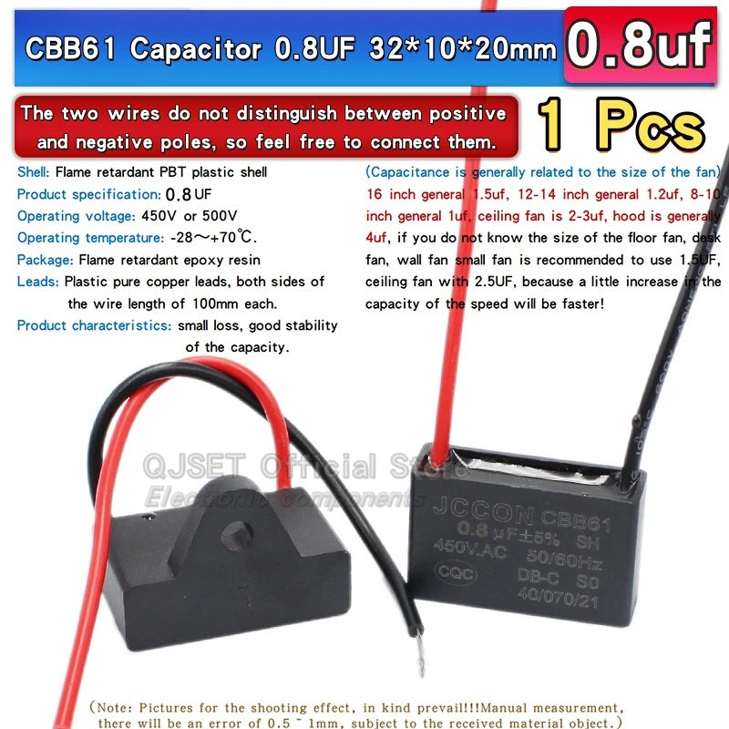 1pcs CBB61 Fan Starting Capacitor 450V 0.8/1/1.2/1.5/2/2.5/3/3.5/4/4.5/5/6/7/8/10/12/15/18/20UF Ceiling Fan Hood Motor Capacitor