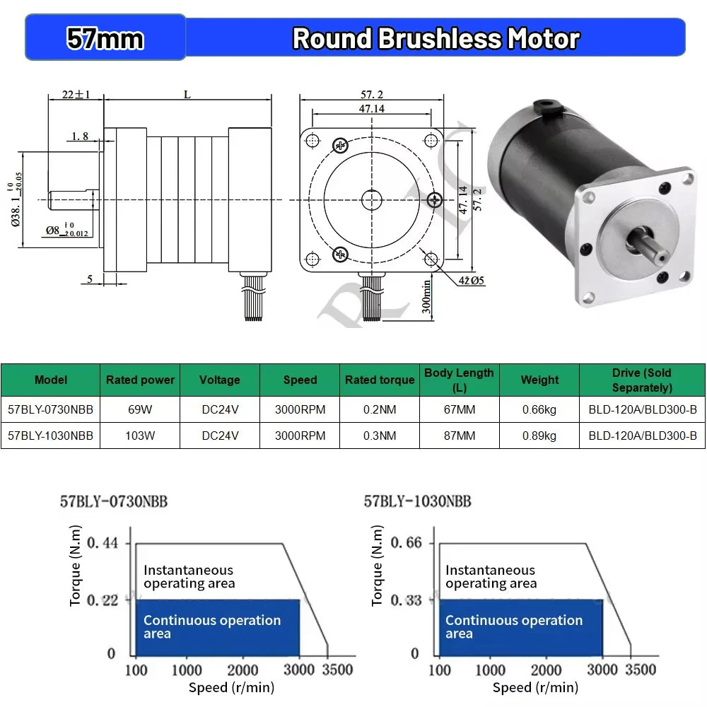 Nema23 57mm Brushless BLDC Motor 65W 69W 130W 188W DC 24V AC 220V 8mm Shaft Hall Sensor Motor 3000RPM 0.6Nm For CNC