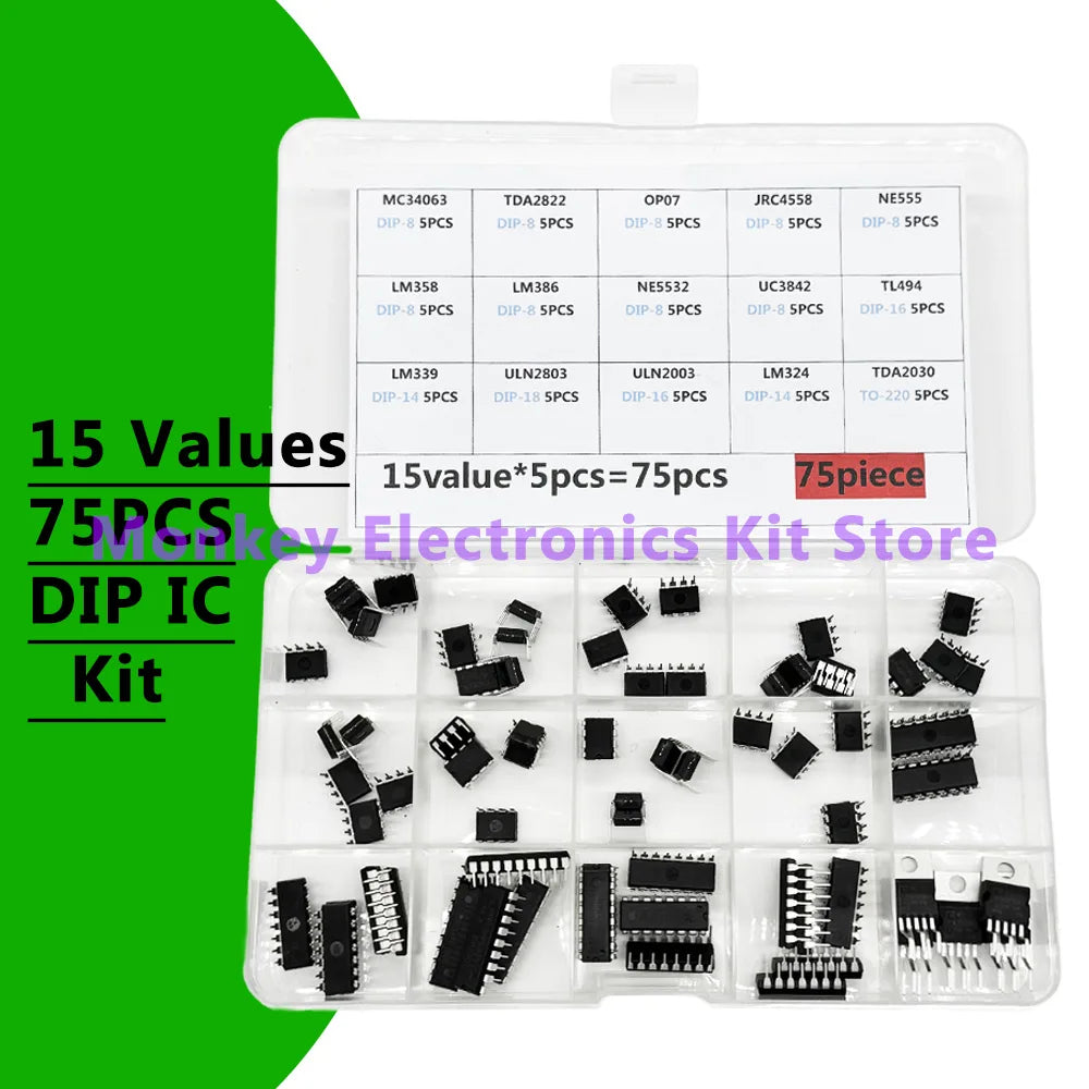 75PCS 15 Values Integrated Circuit DIP IC Kit LM358 , LM386 , TO-220 TDA2030 , NE555,NE5532 , LM339 , ULN2003 , ULN2803 , UC3842