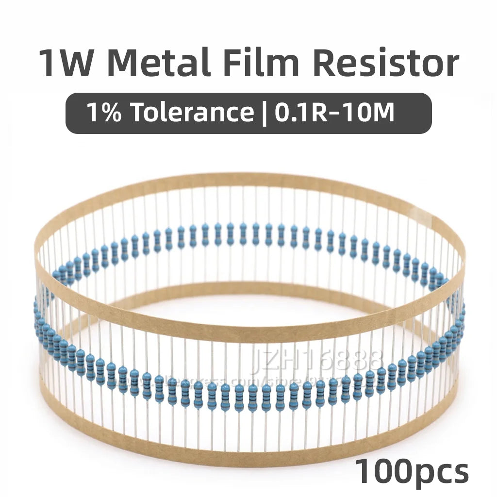 100pcs 1W 1% Metal Film Resistor 5-Band Precision Axial Lead Through Hole Resistor 1R 10R 100R 1K 10K 22K 100K 470K 1M 4.7M