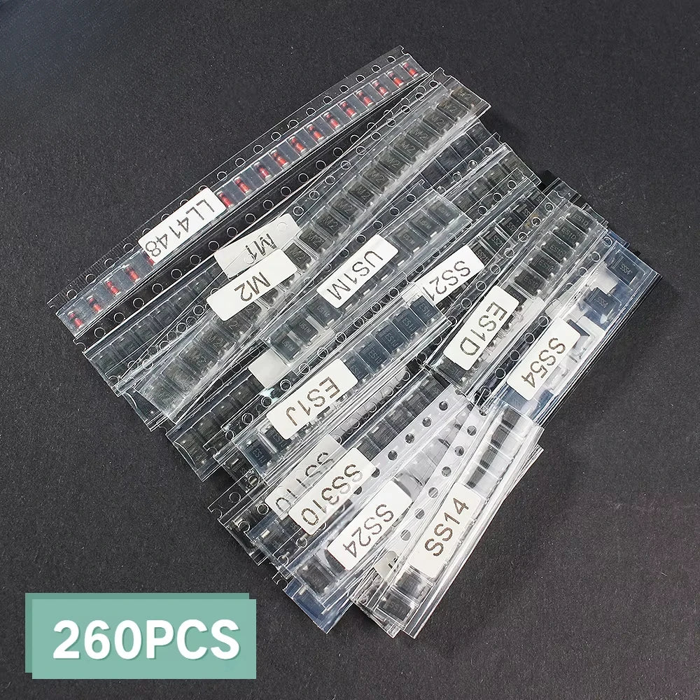 260PCS SMD Diode Assortment Kit Rectifier/Schottky/Switching Diodes M1/M4/M7/SS14/SS24/RS1M/US1M/SS34/SS54/BAT54C/BAT54S/LL4148