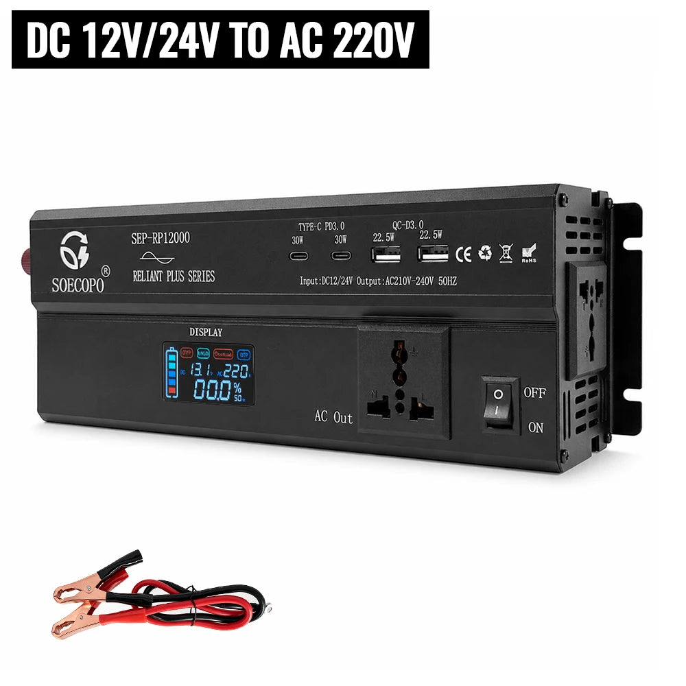 SOECOPO Power Inverter 12000W Peak 12V/24V/48V/60V/72V to 110V 220V Converter 2×PD3.0 Type-C & QC3.0 USB for RV Camping Off-Grid