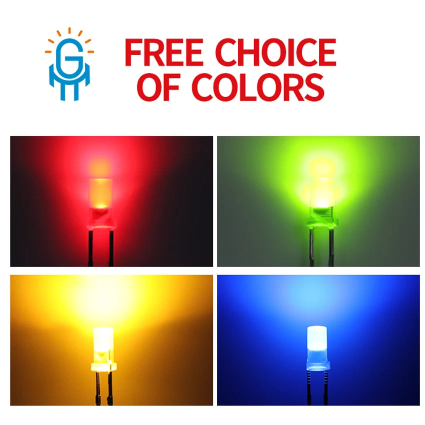 1000PCS 3mm High Flat Top Color Long Feet Red Green Blue Yellow Direct Plug Light-emitting Diode DIP LED