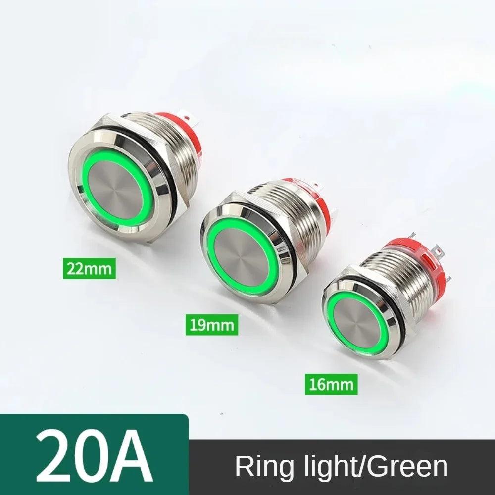 16/19/22mm 20A High Current Metal Push Button Switch IP67 Waterproof LED Light Momentary Latching Car Engine Power Switch Red